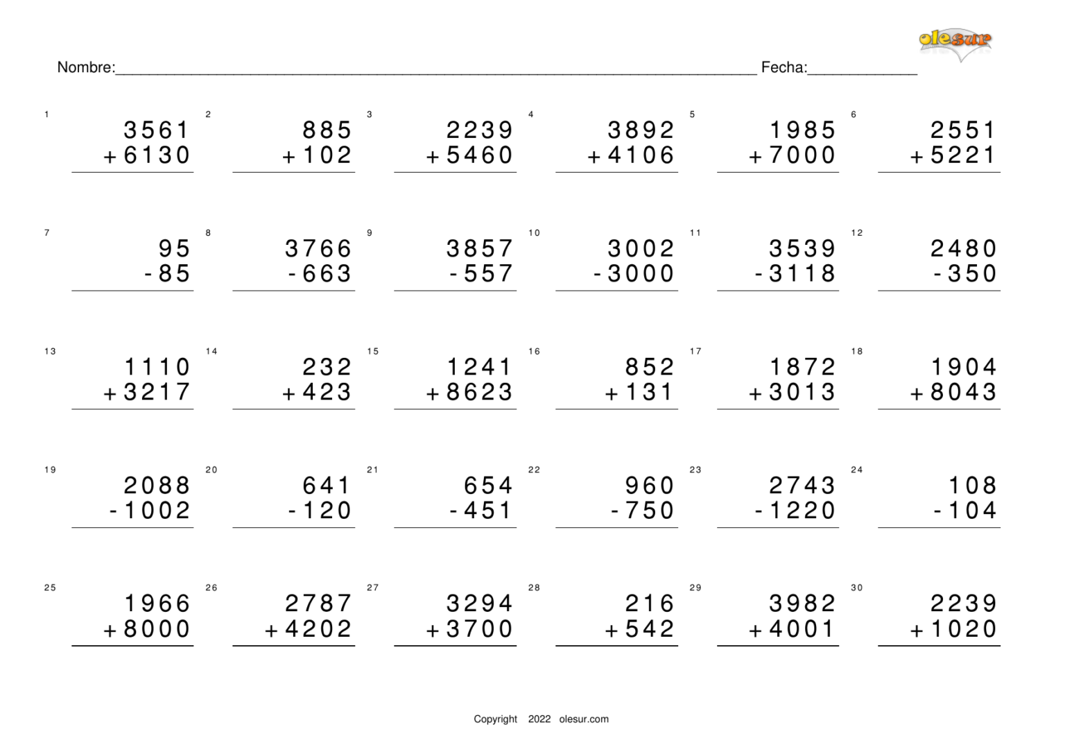 Sumas Y Restas Sin Llevar Descargar Fichas Olesur